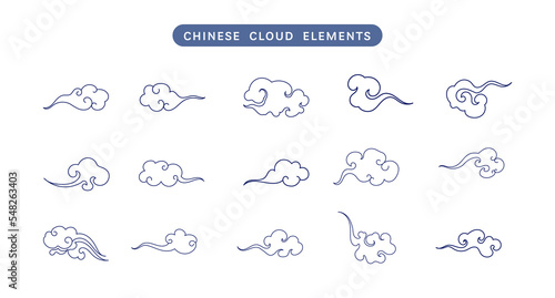 Chinese clouds line vector collection. Doodle ornament oriental elements for asian chinese new year card or mid autumn. Vintage sky art decorative illustration