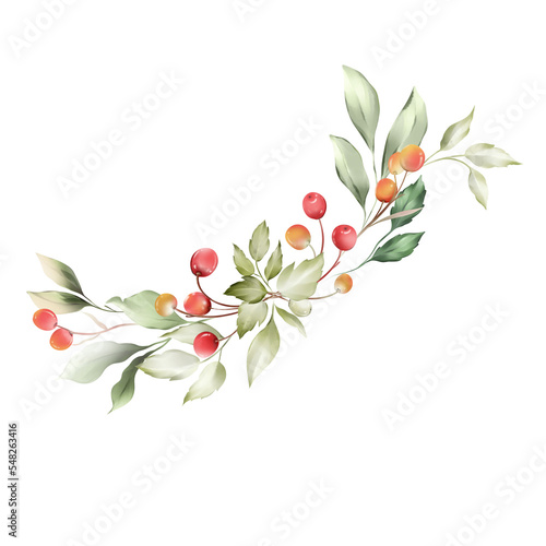Christmas card Watercolor trees with branches and berries in a watercolor style.