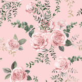 Watercolor vintage seamless pattern with pink roses and leaves for summer textiles of women is dresses and clothes in natural shades
