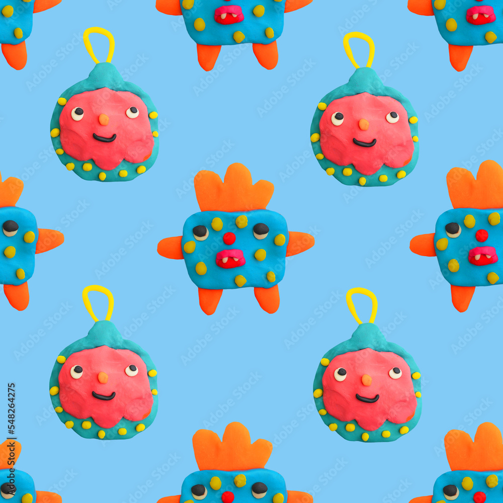 Plasticine craft seamless pattern - child face portrait.Clay 3d render patch.Real texture plasticine.quirky portrait character.Psychedelic funny hippie.New Year's party 00s and 90s style. Plasticine craft seamless pattern - child face portrait.Clay 3d render patch.Real texture plasticine.quirky portrait character.Psychedelic funny hippie.New Year's party 00s and 90s style.
