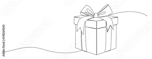 gift box with ribbon single line drawing isolated on white, line art vector illustration