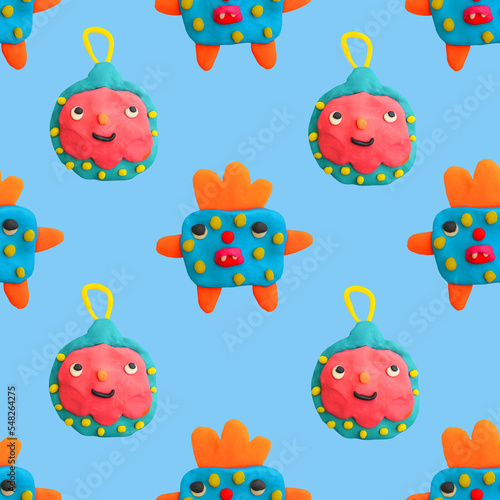 Plasticine craft seamless pattern - child face portrait.Clay 3d render patch.Real texture plasticine.quirky portrait character.Psychedelic funny hippie.New Year's party 00s and 90s style.	