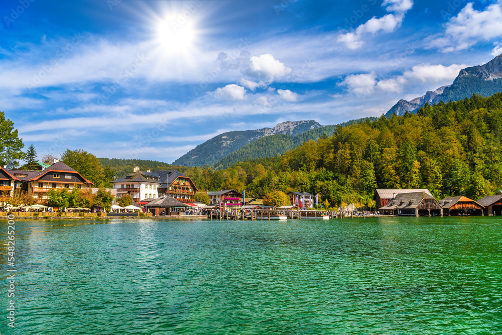 Wooden old houses on the lake, Schoenau am Koenigssee, Konigsee, Berchtesgaden National Park, Bavaria, Germany Wooden old houses on the lake, Schoenau am Koenigssee, Konigsee, Berchtesgaden National Park, Bavaria, Germany