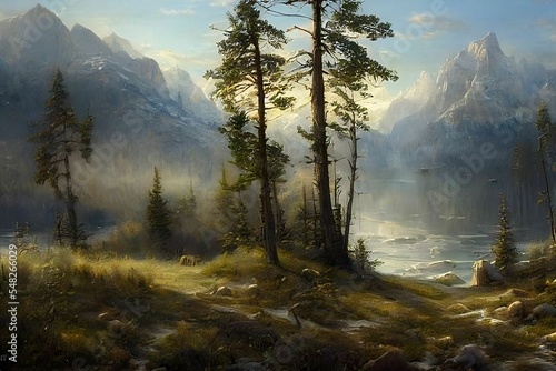 Beautiful 3D Nature and landscape wallpaper with a mountain view and pine trees and a running lake