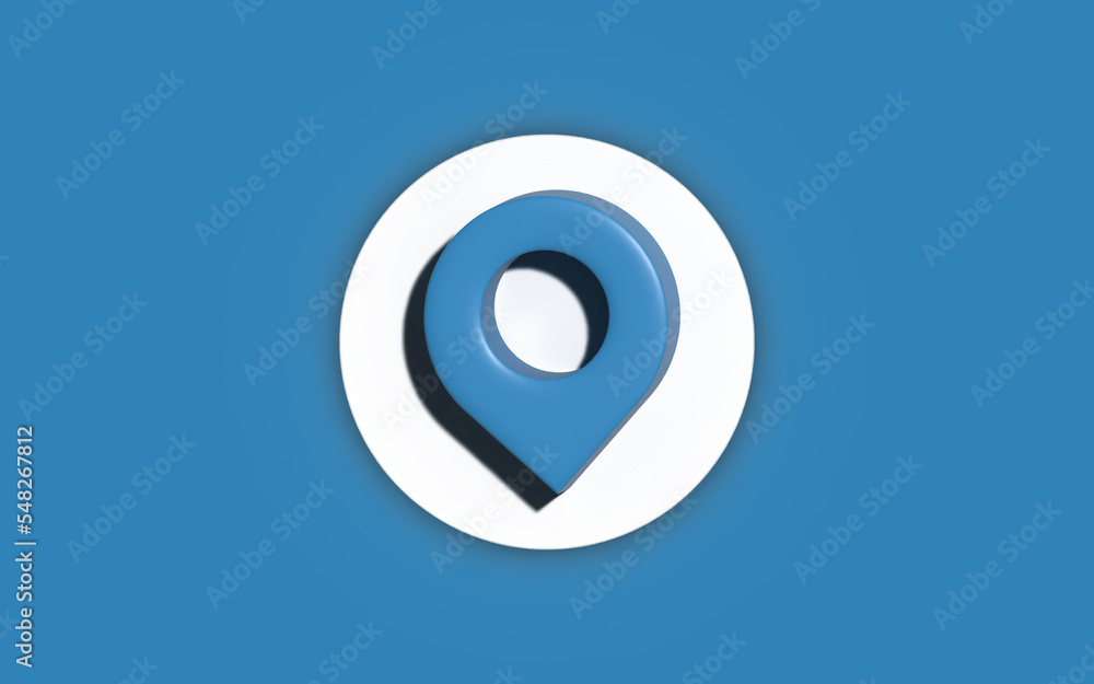 3D Realistic Pin sign Isolated on blue background. Navigation map, gps, direction, place, compass, contact, search concept. 3D Realistic Pin sign Isolated on blue background. Navigation map, gps, direction, place, compass, contact, search concept.