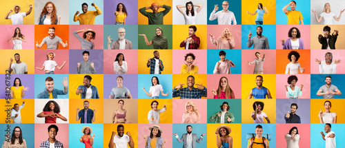 Mosaic Of Different Happy People Portraits Over Colorful Backgrounds