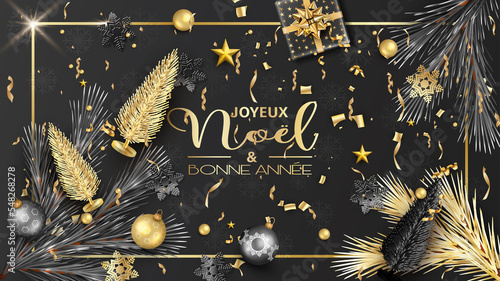 carte ou bandeau pour souhaiter un Joyeux Noël et une Bonne Année en or dans un rectangle sur un fond noir avec des sapins, cadeaux, branches de sapins, boule, étoile, serpentins en or et noir et gris photo