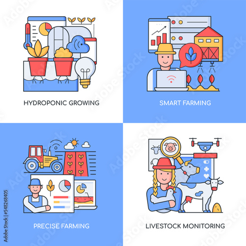 Smart farm and animal husbandry - set of line design style colorful illustrations