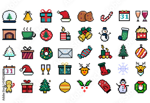 Big set of pixel christmas icons decor