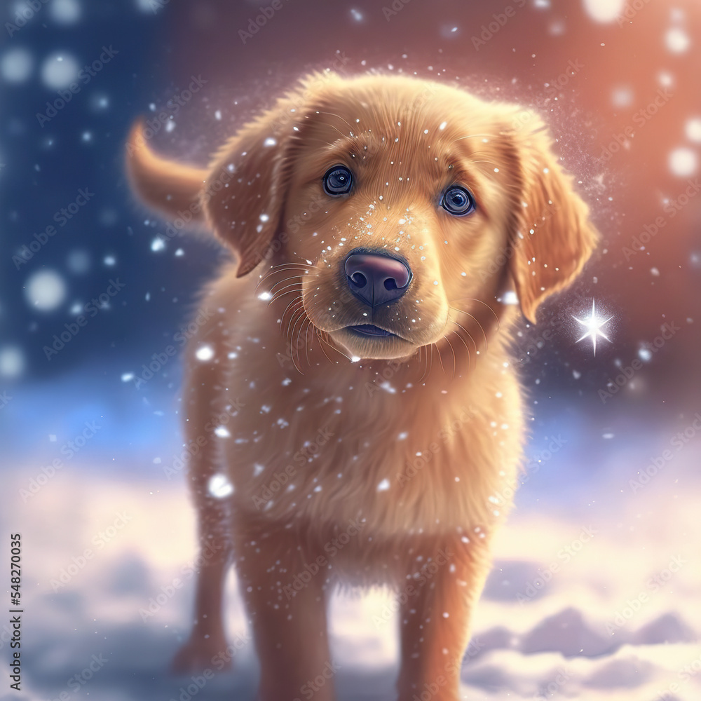 Adorable Labradoodle Baby playing in snow, christmas