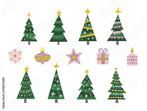 Christmas trees vector illustration icon set isolated. Cute Xmas trees with decoration elements. Snow flake, star, present, candle. New year elements. Handmade paper cut style.  