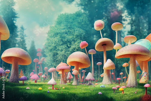 Fototapeta Magical forest filled with giant colorful mushrooms