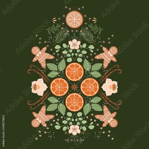 Christmas symmetry illustration with holiday decoration, winter botany and spices