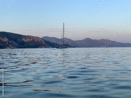 Aegean sea. Green mountains. Mediterranean sea landscape.