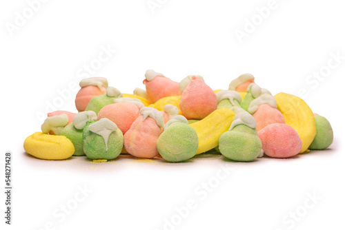 Mix of jelly colorful candys and marshmallows isolated on  white background. © Nikolay