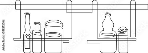 Hanging shelf railing with spices. Still life on the kitchen table. Continuous line drawing. Vector illustration