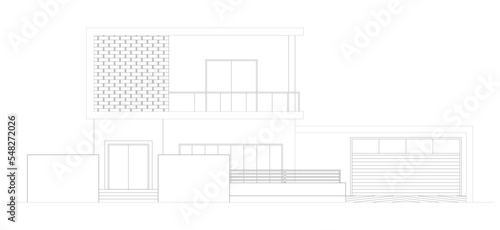 
2D architectural graphic CAD illustration of the front facade of a modern house. 2 floors with modern elements. Black and white.