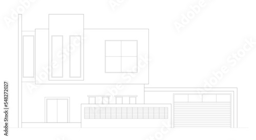 
2D architectural graphic CAD illustration of the front facade of a modern house. 2 floors with modern elements. Black and white.