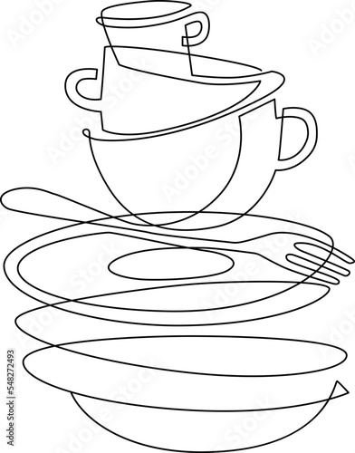 Stack of unwashed dishes. Still life on the kitchen table. Continuous line drawing. Vector illustration