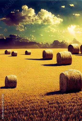 Horizontal shot of a peaceful hay bale farm 3d illustrated photo