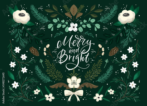 Christmas greeting card with Winter botanical and lettering on dark background