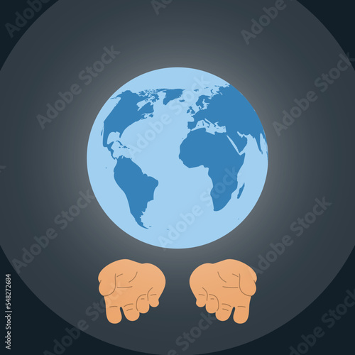 Planet earth and human hands. On dark blue background. Care for planet concept. Flat vector illustration.