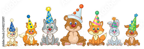 Funny animals sit in carnival hats. In cartoon style. Isolated on white background. Vector illustration © Shvetsova Yulia