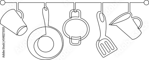 Hanging shelf railing with kitchen utensils. Still life on the kitchen table. Continuous line drawing. Vector illustration