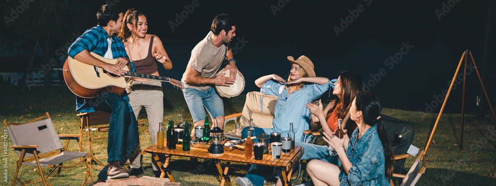 summer party camping of friends group with guitar music, happy young woman and smiling man having fun in vacation holiday, nature outdoors travel of friendship lifestyle together, bar-b-q party time
