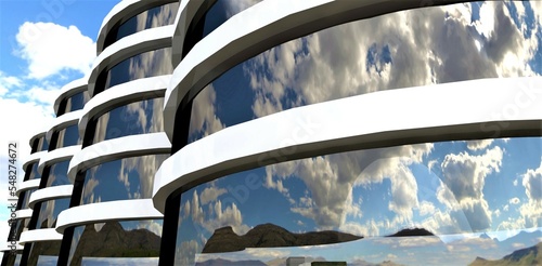Bilde på lerret Cloudy sky, sea and rocks are reflected in the glass facade of a fashionable luxury hotel in the future