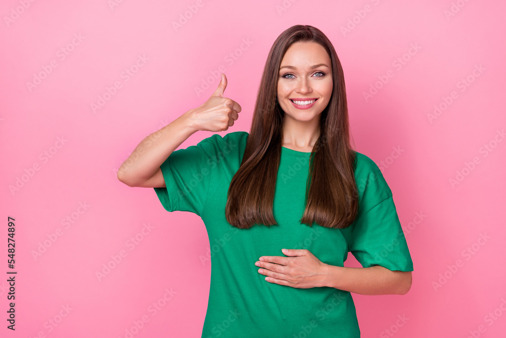 Ταπετσαρία Portrait of positive satisfied girl straight hairstyle dressed green t-shirt sho