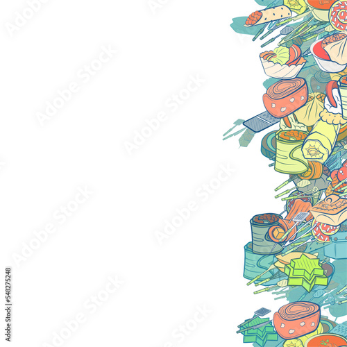 Background pattern abstract design texture. Snacks and Cutlery. Vertical seamless stripe. Border frame, transparent background. Theme is about strung up, Potato Maker, cucumber roll, borscht