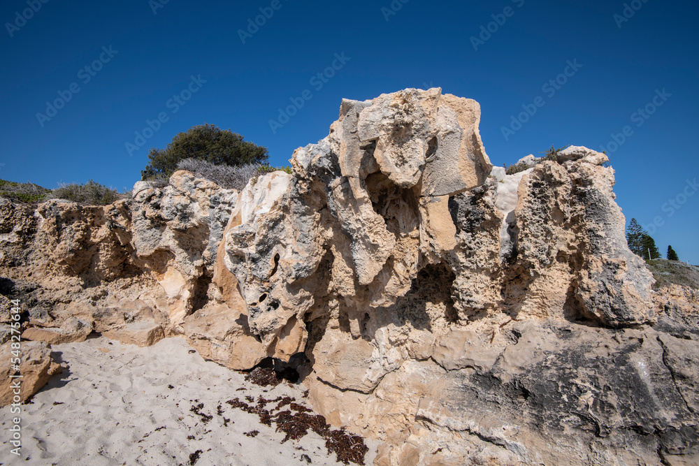 Extensive coastal erosion of limestone rock strata at Burns Beach, City of Joondalup, Western Australia