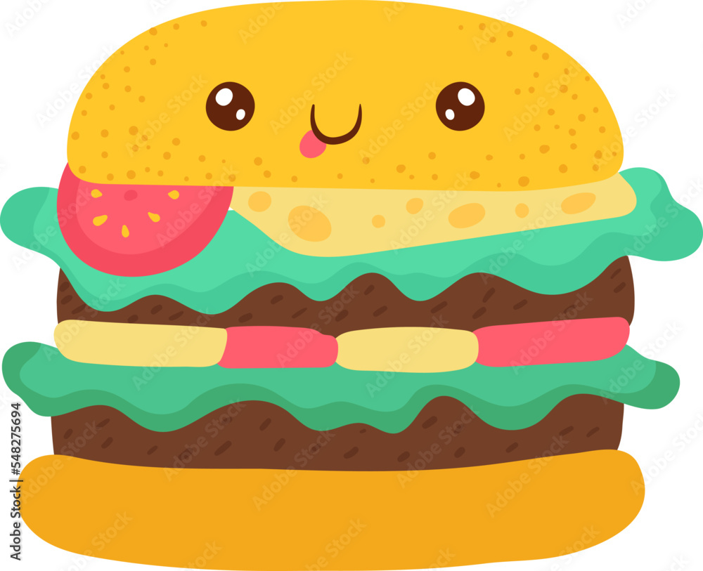 Delicious hamburger, bright funny kawaii, in cartoon style, delicious fast food, flat vector illustration, isolated on white. Delicious hamburger, bright funny kawaii, in cartoon style, delicious fast food, flat vector illustration, isolated on white.