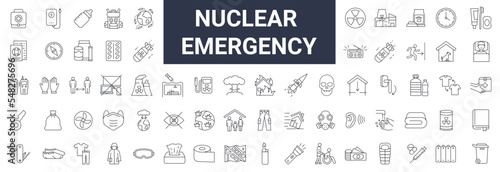 Set with 68 icons related to how to be prepared for a nuclear explosion. Collection of editable stroke line icons. War, strike, radiation, surviving, equipment.