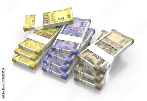 Indian Rupee 20, 100 & 500 Currency Note Bundles isolated on White Background - 3D Illustration