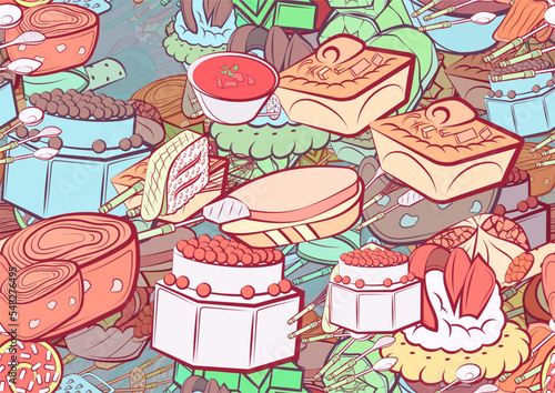 Background pattern abstract design texture. Seamless. Cutlery and Snacks. Theme is about stick, spoon, salad, Khinkali, masher, jelly, Potato Maker, grater, cucumber, whisk, rice, knife