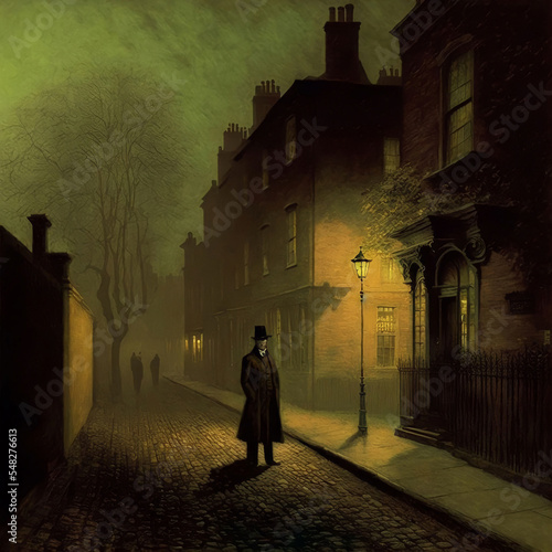 Digital Painting of an Ominous Victorian Figure on a Foggy Night in London. [Digital Art Painting, Sci-Fi Fantasy Horror Background, Graphic Novel, Postcard, or Product Image] photo