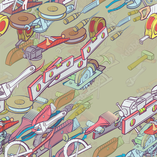 Background pattern abstract design texture. Seamless. Repair and Building tools. Theme is about heavy tool, chisel, manual, electrician, architectural, paper cutter, retainer, measure of length