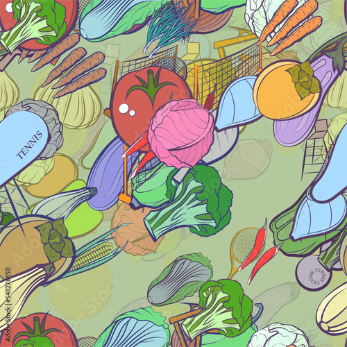 Background pattern abstract design texture. Seamless. Tennis and Health food. Theme is about red cabbage, carrot, white, spring onions, tennis racket, whole garlic, observer, clip, vitamin C