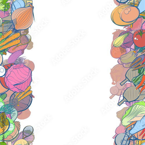 Background pattern abstract design texture. Tennis and Health food. Vertical seamless stripes. Border frame, transparent background. Theme is about heads, lathing, broccoli, in the peel