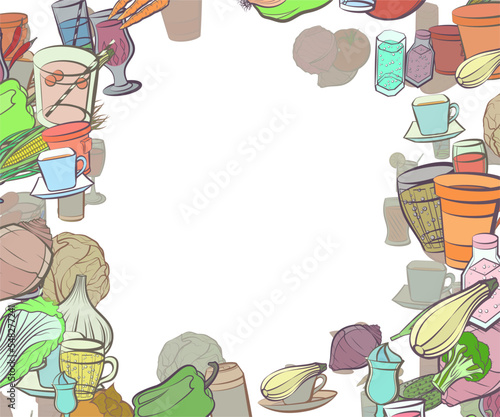 Background pattern abstract design texture. Drinks and Health food. Border frame, transparent background. Theme is about compote, Chile, zucchini, spring onions, beer, satisfying, vitamin C