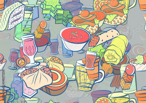 Background pattern abstract design texture. Seamless. Snacks and Drinks. Theme is about bottle, beer, soda can, covered, salad, drinking straw, cucumber, mini cake, cream, marshmallows