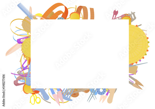 Blank paper, fill yourself invitation card, with border backdrop pattern. Abstract design texture. Theme is about comb, woven, handicraft, striped fabric, wool, confetti, thread, pin, bobby pin