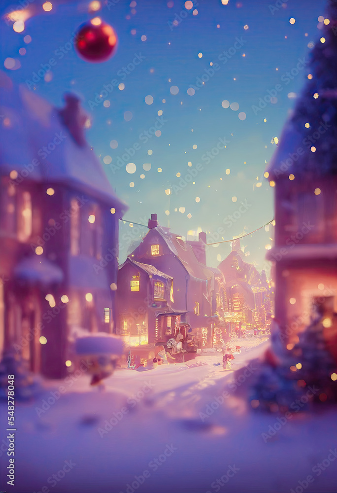Tiny Christmas Village in Winter at night, CGI, vertical