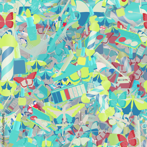 Background pattern abstract design texture. Seamless. Theme is about straight razor, design, comb, maquillage, summer, shaving, wild, pomatum, tropical, powder, vector, ointment, razor blade