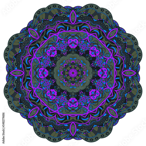 Mandala. Tracery wheel image. Mehndi design. Dark toxic colors. Ethnic doodle art. Curved doodling picture. Vector