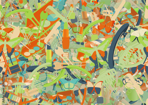 Background pattern abstract design texture. Seamless. Theme is about Butterfly, Red Admiral, makeup, beauty, pomatum, straight razor, spring, gorgeous, art, drawing, hairpin, hair clips