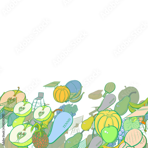 Background pattern abstract design texture. Tennis and Fruits. Horizontal seamless stripe. Border frame, transparent background. Theme is about mini-tennis, racket, sports judge, balls, Apple