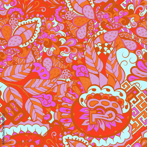 Tracery seamless pattern. Mehndi design. 6 colors. Ethnic doodle texture. Curved doodling background. Vector